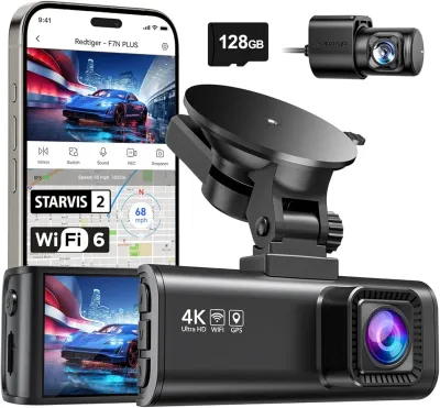 REDTIGER 4K Dash Cam Front Rear, STARVIS 2 Sensor, Free Card Included, 5.8GHz WiFi-20MB/s Fast Download, Dash Camera for Cars with GPS, WDR Night Vision, 170°Wide Angle, 24H Parking Mode(F7NP)