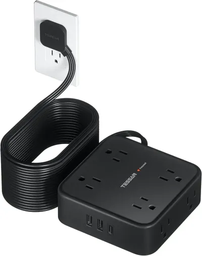 Long Extension Cord 25 FT, TESSAN Ultra Thin Flat Plug Power Strip Surge Protector with 8 AC Outlets, 3 USB Charger(1 USB C), 900J Protection Black Charging Station for Home, Office, Dorm Essentials