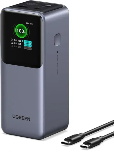 UGREEN Nexode Power Bank 20000mAh 130W Portable Charger 72Wh PD Fast Charging 3-Port USB C Battery Pack with TFT Smart Display for MacBook/iPad/iPhone 17/16/Samsung S26 and More