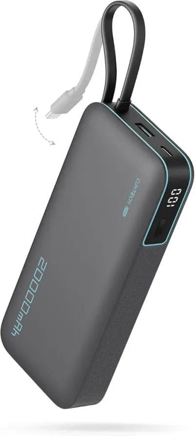 CUKTECH 45W Power Bank 20000mAh, Portable Travel Charger Built-in USB C Cable, Fast Charging Battery Pack for iPhone 16/15/14/13, iPad, Samsung Galaxy, Google Pixel, Android and More (Gray)
