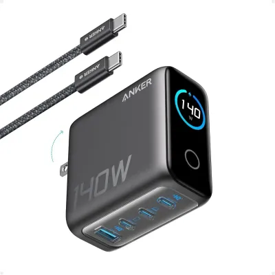 Anker Laptop Charger, 140W Max 4-Port GaN USB C Charger Block with Smart Display, Fast Charging Power Adapter, Touch Controls for MacBook, iPad, iPhone 17/16 Series (Include 5FT Cable, Non-Battery)