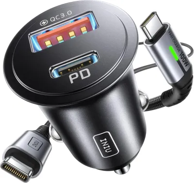 INIU Car Charger, Cigarette Lighter USB Charger Total 60W, 12V USB Socket with [1m] 100W Type C Cable Fast Charge, Car Phone Charge Adapter for iPhone 17 16 Samsung Laptops Switch 2 Car Accessories